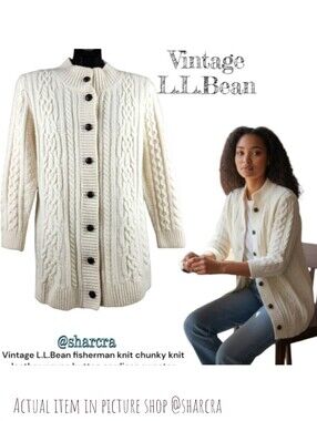 Vintage Women's L.L.Bean Wool Aran Fisherman Cable Knit Button Down Carnigan Lg